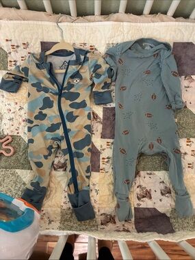 BURLEBO Blue & Tan Camo Footed One-Piece + Blue Football Print Footie